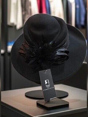 Forbusite Black 100% Wool Felt Wide Brim Dress Hat - Feather & Satin Accents